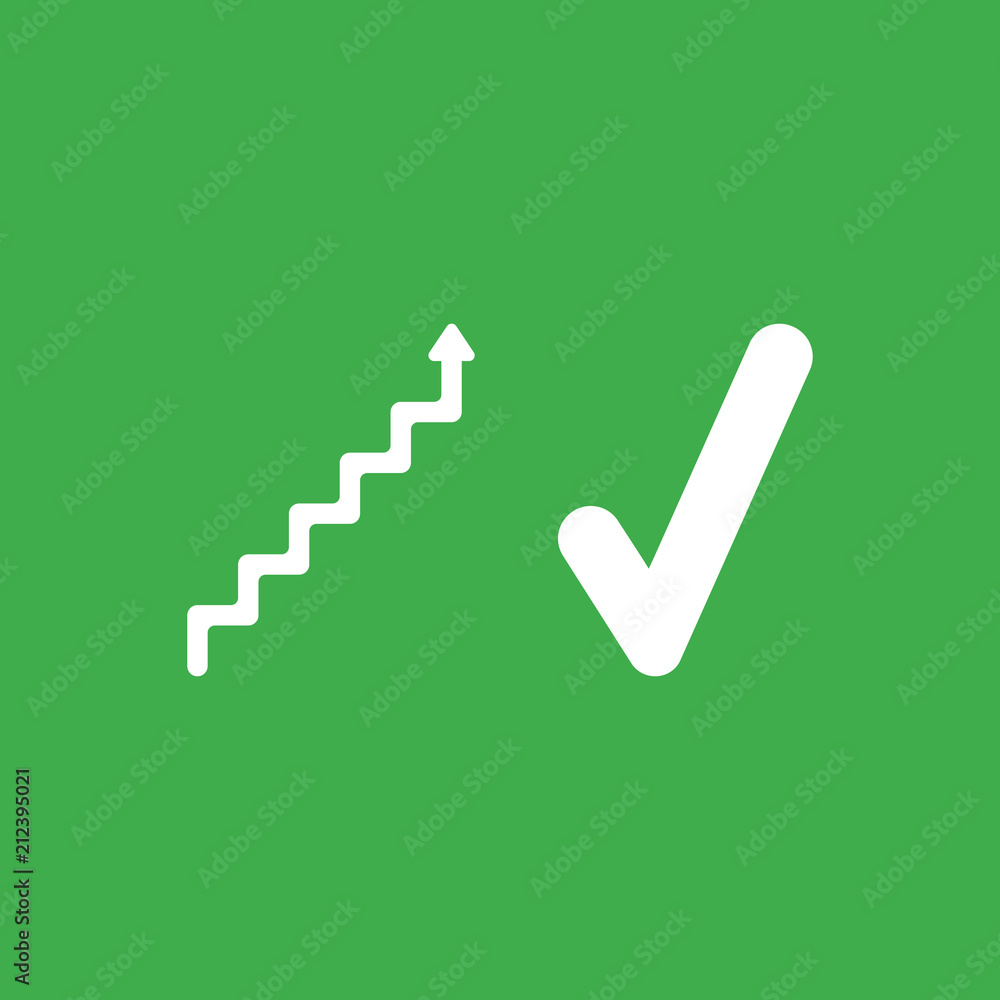 Poster vector icon concept of stairs with arrow moving up and check mark on green background