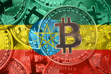 Stack of Bitcoin Ethiopia flag. Bitcoin cryptocurrencies concept. BTC background.