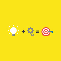 Vector icon concept of glowing light bulb plus gears equals bulls eye and dart in the center on yellow background