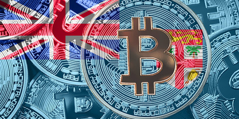 Stack of Bitcoin Fiji flag. Bitcoin cryptocurrencies concept. BTC background.