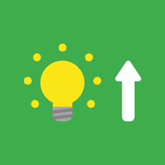 Vector icon concept of glowing yellow light bulb with arrow moving up on green background