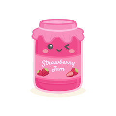 Cute Strawberry Jelly Jam Bottle Jar Vector Illustration Cartoon Smile