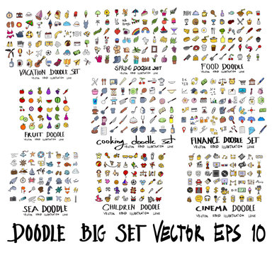 Doodle Vector drawing Big icon collection of vacation, spring, food, fruit, cooking, finance, sea, children, cinema eps10