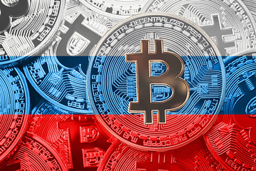 Stack of Bitcoin Russia flag. Bitcoin cryptocurrencies concept. BTC background.
