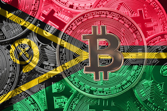 Stack of Bitcoin Samoa flag. Bitcoin cryptocurrencies concept. BTC background.