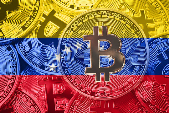 Stack of Bitcoin Venezuela flag. Bitcoin cryptocurrencies concept. BTC background.