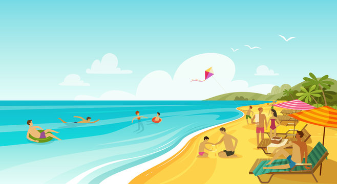 People rest on sea beach. Vacation, travel banner. Cartoon vector illustration