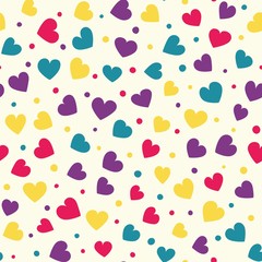 Fototapeta na wymiar Seamless hearts and dots pattern with beige background. Vector repeating texture. Perfect for printing on fabric or paper.