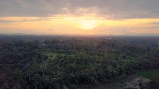 Borobudur temple aerial view at sunrise a UNESCO site and World largest Buddhist temple, Indonesia