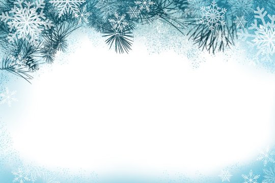 Natural Pine bough winter or summer border in greens, and blues decorative border frame design for invitations, greetings, posters backgrounds, web