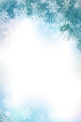 Naturalna konar sosny zimą lub latem obramowanie w zieleni, i niebieska ozdobna konstrukcja ramki na zaproszenia, pozdrowienia, tła plakatów, strony internetowej - 212402426