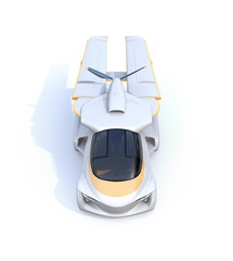 Front view of futuristic autonomous car isolated on white background. The wings turned to rear side in compact size. Flying car concept. 3D rendering image.