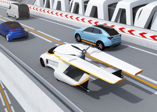 Futuristic flying car driving on the highway. 3D rendering image.