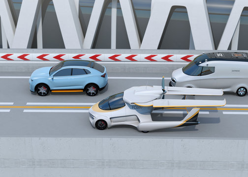 Side view of futuristic flying car driving on the highway. 3D rendering image.