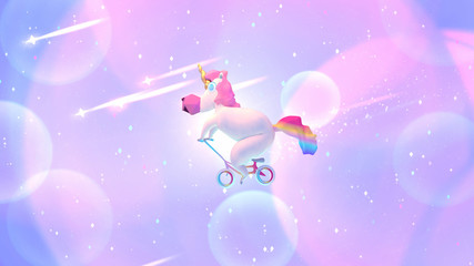 Fancy unicorn riding bike in the galaxy. 3d rendering picture. © tykcartoon