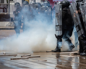 Riot police clashed with the protesters.