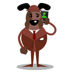 Cartoon illustrated business dog talking on cell phone.