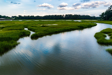 Fototapeta na wymiar Wetlands river runs through reeds and into a coastal river underneath a dark and brooding sky