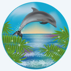 Underwater sunrise card with dolphin and palm , vector illustration
