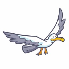 Cute and funny seagull flying and smiling happily - vector.