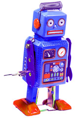 robot bleu, jouet mécanique ancien à ressort en noir et blanc 