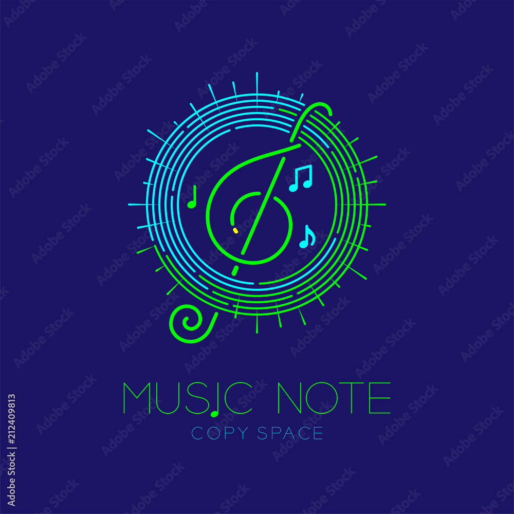 Poster music note with line staff circle shape logo icon outline stroke set dash line design illustration i