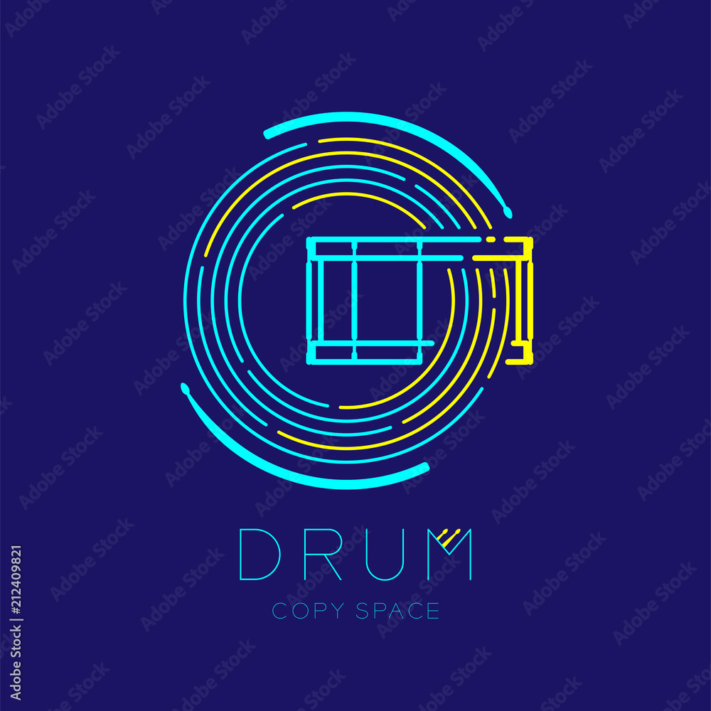 Poster snare drum, drumstick with line staff circle shape logo icon outline stroke set dash line design ill
