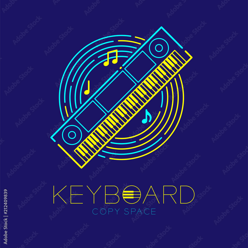 Poster keyboard, music note with line staff circle shape logo icon outline stroke set dash line design illu