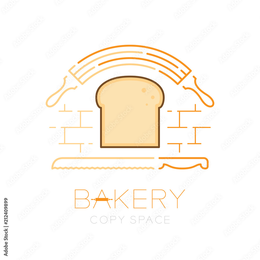 Poster bread, rolling pin and bread knife logo icon outline stroke set dash line design illustration isolat