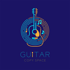 Acoustic guitar, music note with line staff circle shape logo icon outline stroke set dash line design illustration isolated on dark blue background with guitar text and copy space
