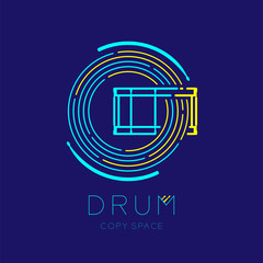 Snare drum, drumstick with line staff circle shape logo icon outline stroke set dash line design illustration isolated on dark blue background with drum text and copy space