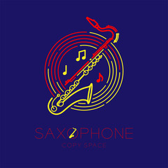 Saxophone, music note with line staff circle shape logo icon outline stroke set dash line design illustration isolated on dark blue background with saxophone text and copy space
