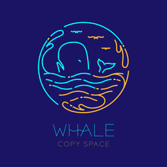 Whale, seagull, wave and Water splash circle frame shape, logo icon outline stroke set dash line design illustration isolated on dark blue background with whale text and copy space