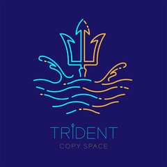 Trident, wave and water splash, logo icon outline stroke set dash line design illustration isolated on dark blue background with trident text and copy space - 212409869