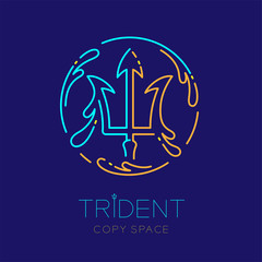 Trident and Water splash circle frame shape, logo icon outline stroke set dash line design illustration isolated on dark blue background with trident text and copy space - obrazy, fototapety, plakaty