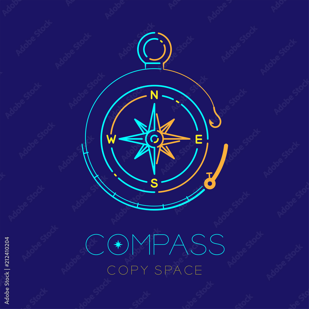 Poster compass and fishing rod circle frame shape logo icon outline stroke set dash line design illustratio