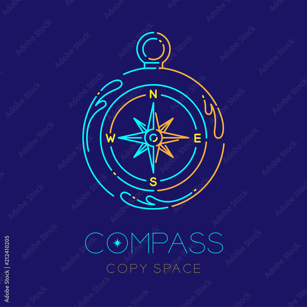 Poster compass and water splash circle frame shape logo icon outline stroke set dash line design illustrati