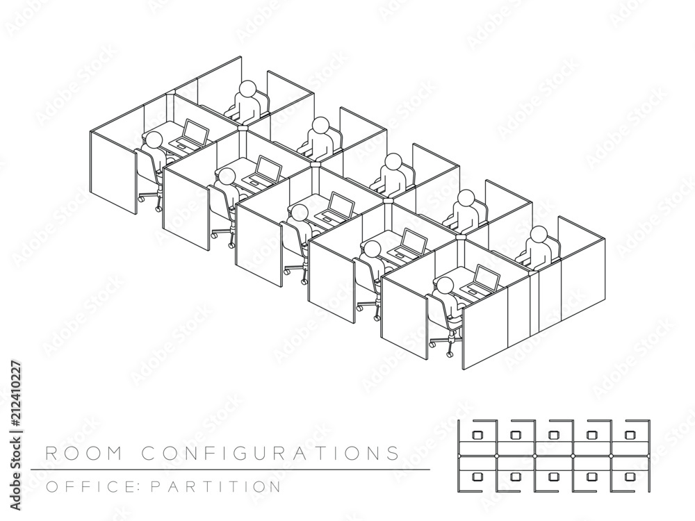 Aufkleber office room setup layout configuration full partition style, perspective 3d isometric with top view 