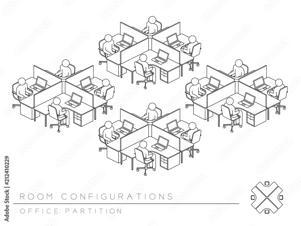 Poster office room setup layout configuration half partition style, perspective 3d isometric with top view 