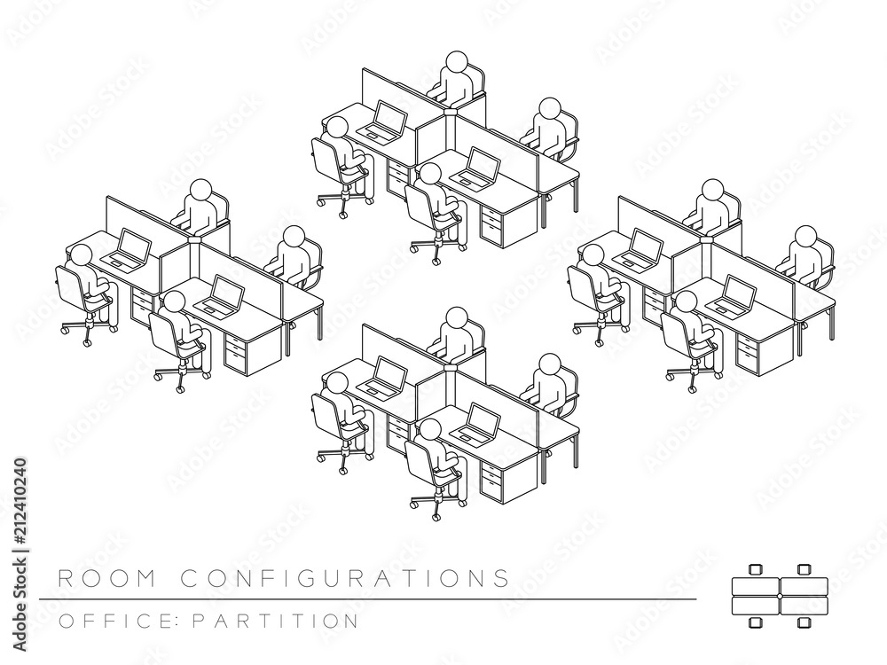 Aufkleber office room setup layout configuration half partition style, perspective 3d isometric with top view 