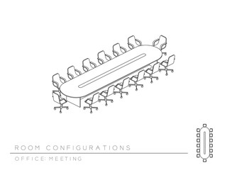 Meeting room and school chair with writing pad setup layout configuration Theater style, perspective 3d isometric with top view illustration outline black and white color