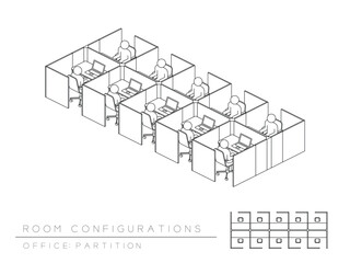 Office room setup layout configuration Full Partition style, perspective 3d isometric with top view illustration outline black and white color