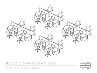 Office room setup layout configuration Half Partition style, perspective 3d isometric with top view illustration outline black and white color