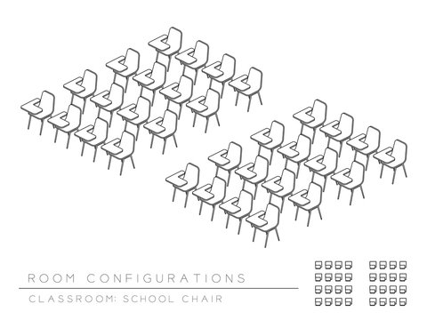 Meeting Room And School Chair With Writing Pad Setup Layout Configuration Classroom Style, Perspective 3d Isometric With Top View Illustration Outline Black And White Color