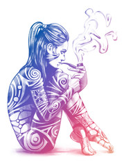 Naked girl sitting and Smoking a pipe