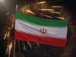 Flag of Iran with fireworks display in the background