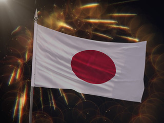 Flag of Japan with fireworks display in the background