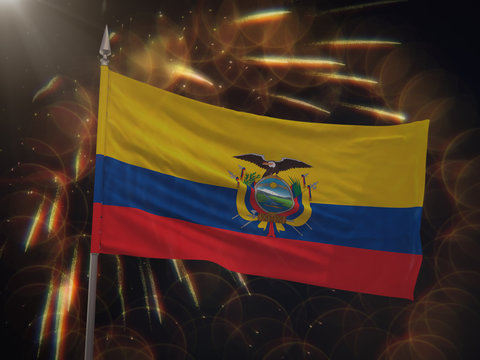 Flag of Ecuador with fireworks display in the background