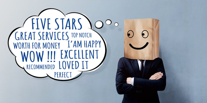 Customer Experience Concept. Happy Businessman Client with Smiley Emotion Face on Paper Bag, Crossed arms and looking at Wording of Positive Reviews on Think Bubble