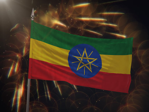 Flag of Ethiopia with fireworks display in the background
